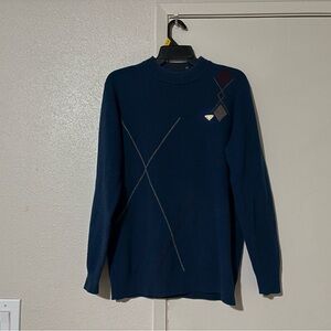 Prada Dark Blue Crewneck Sweater with Argyle Pattern